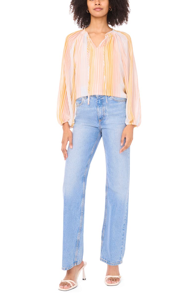 Vince Camuto Stripe Split Neck Top, Alternate, color, New Ivory