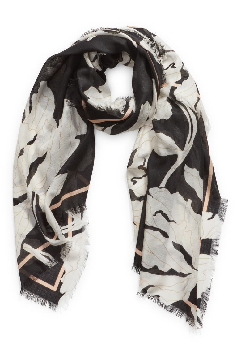 Eyelash Trim Print Cashmere & Silk Wrap, Alternate, color, BLACK GRAPHIC FLORAL