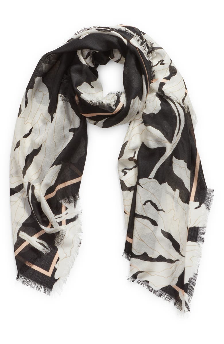 Nordstrom Eyelash Trim Print Cashmere & Silk Wrap, Alternate, color, Black Graphic Floral