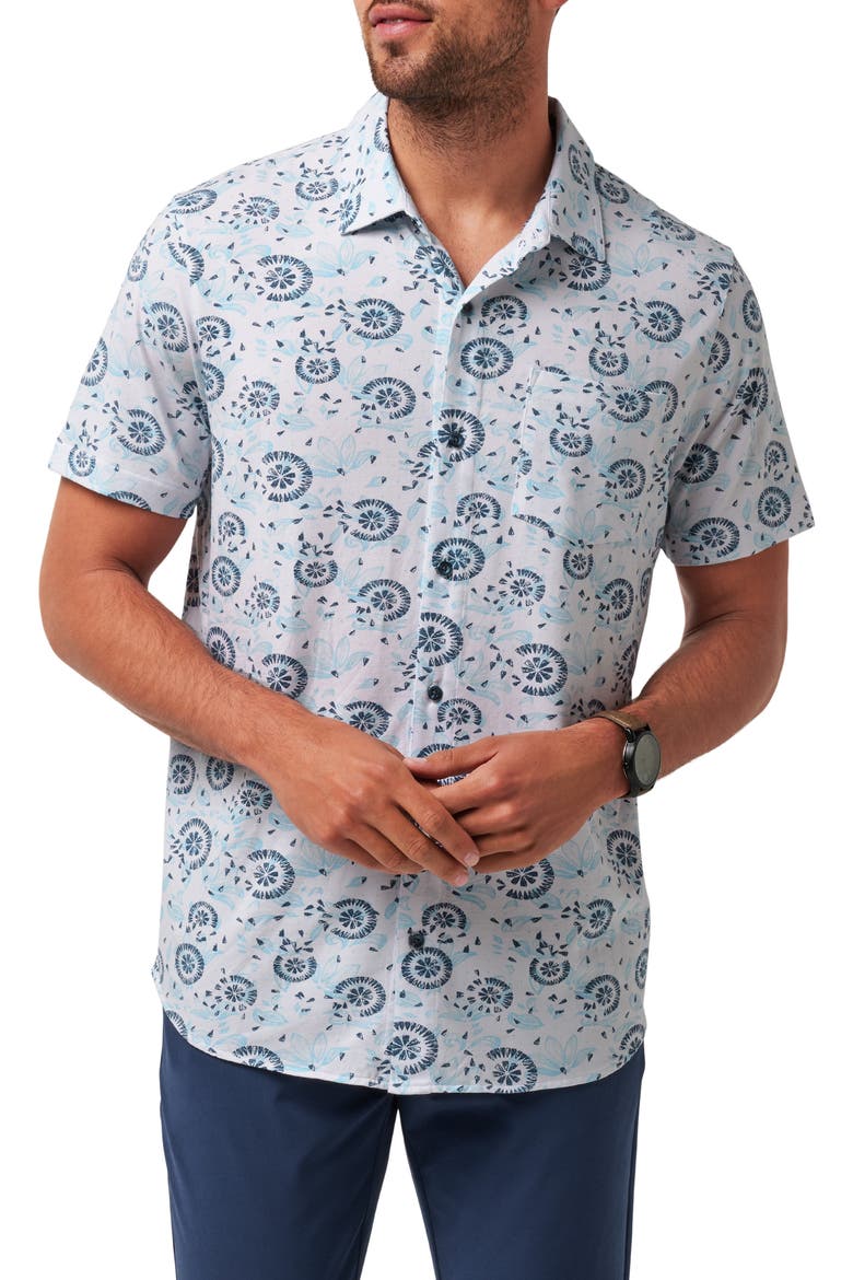 Flourish Floral Medallion Short Sleeve Stretch Cotton & Modal Blend Button-Up Shirt, Main, color, WHITE