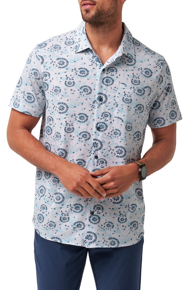 TravisMathew Flourish Floral Medallion Short Sleeve Stretch Cotton & Modal Blend Button-Up Shirt, Main, color,