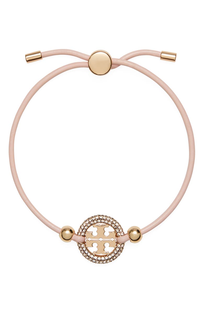 Tory Burch Miller Logo Medallion Slide Bracelet, Main, color, Tory Gold / Sparkle