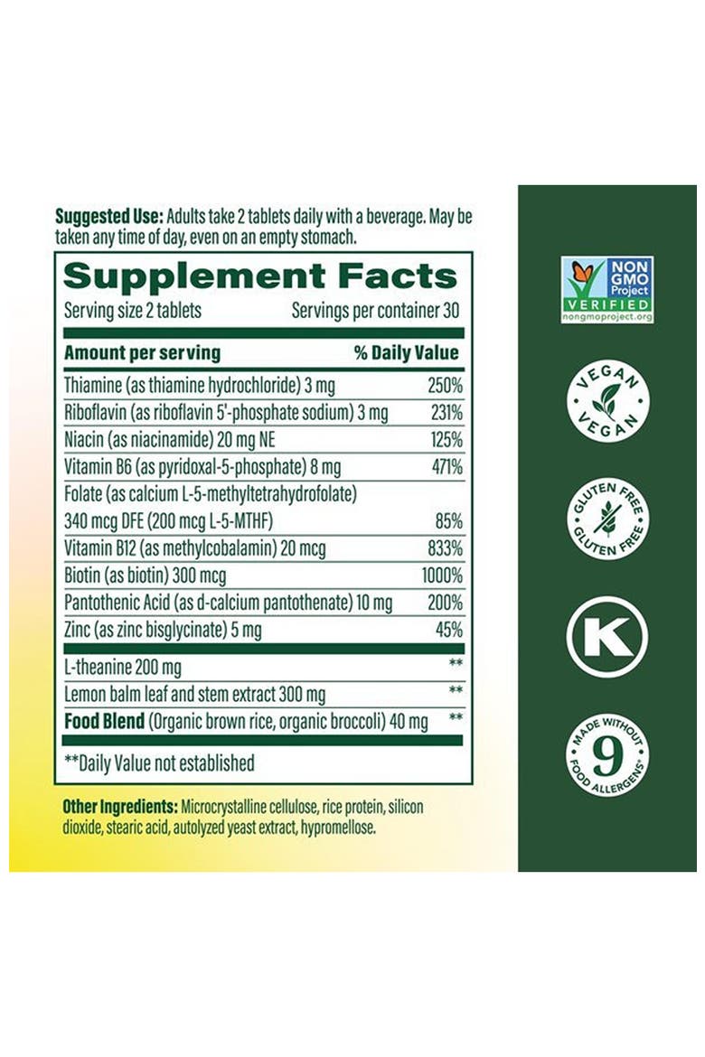 L-Theanine & Vitamin B Complex with Vegan B12, B6, Folate, Biotin plus Lemon Balm & Zinc, 60 Tablets, Alternate, color, None