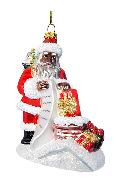 Santa With List And Chimney Glass Ornament