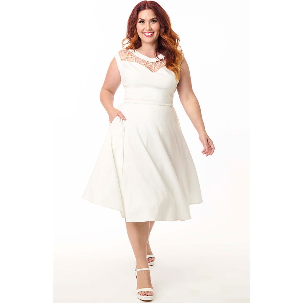 Unique Vintage Plus Size Diamond Cutout Swing Dress In White