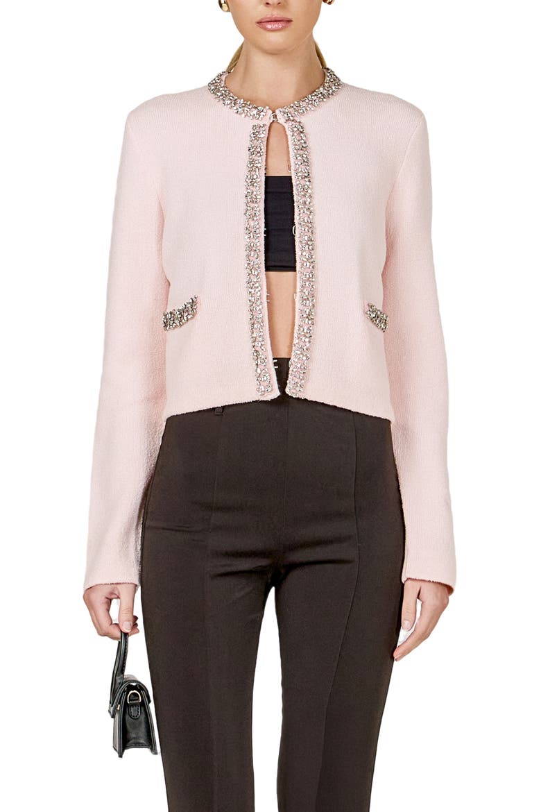 Bouclé Jewel Trim Cardigan, Alternate, color, PINK