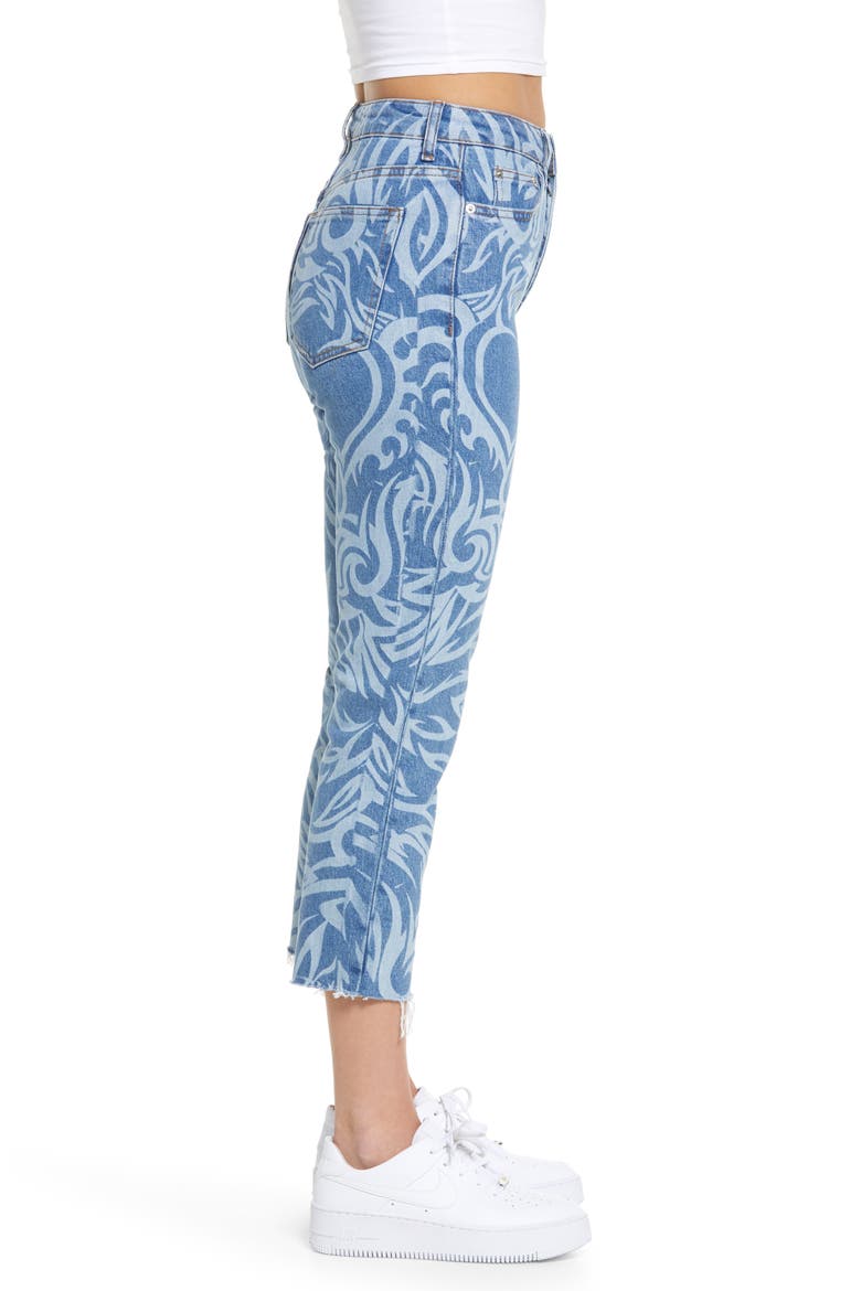 Laser Print Raw Hem High Waist Crop Straight Leg Jeans, Alternate, color, MID BLUE