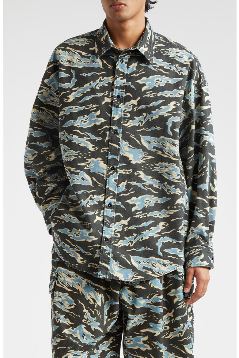 Print Organic Cotton Ripstop Button-Up Shirt, Main, color, BLACK/ BLUE