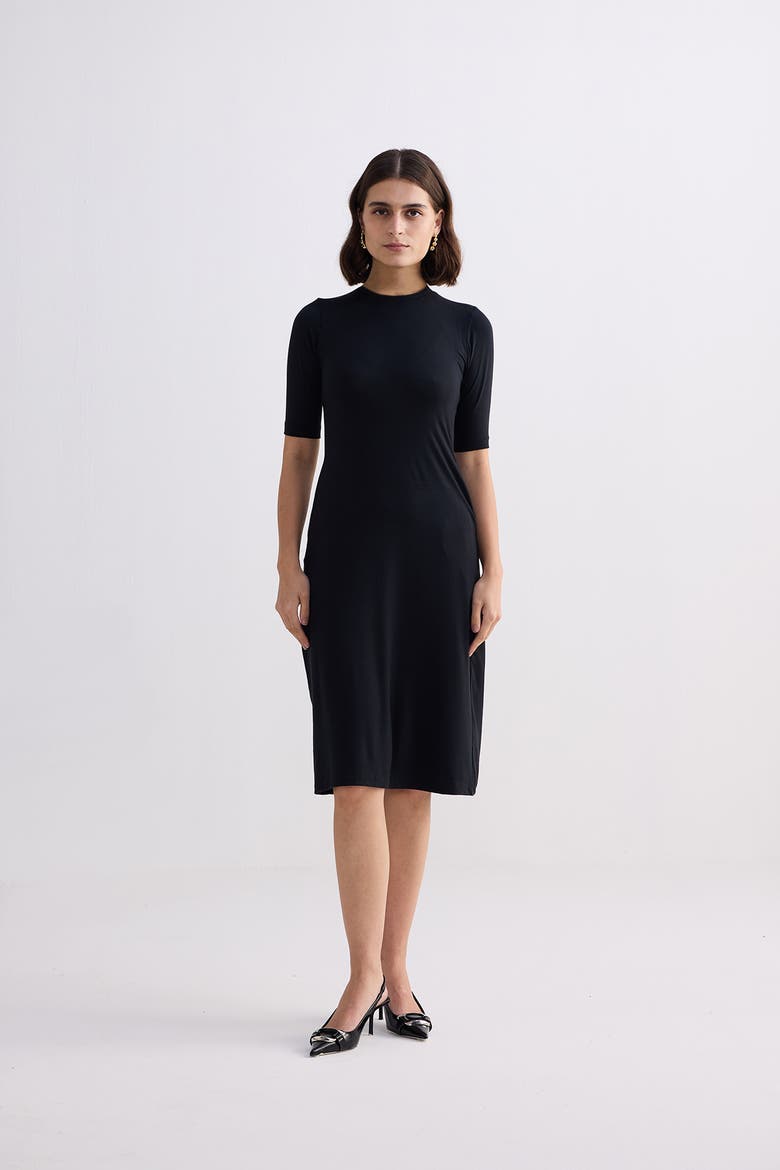 High Crew Neck Fitted Dress with Elbow Sleeves, Alternate, color, Black