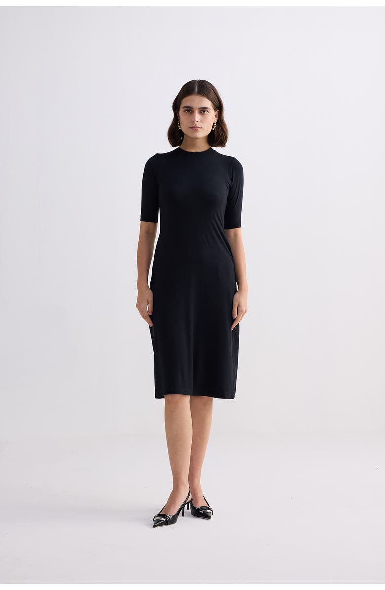 Reistor High Crew Neck Fitted Dress with Elbow Sleeves, Alternate, color, Black