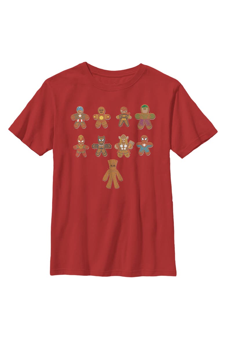 Boy's Marvel Christmas Gingerbread Cookie Avengers  Graphic T-Shirt, Main, color, Red