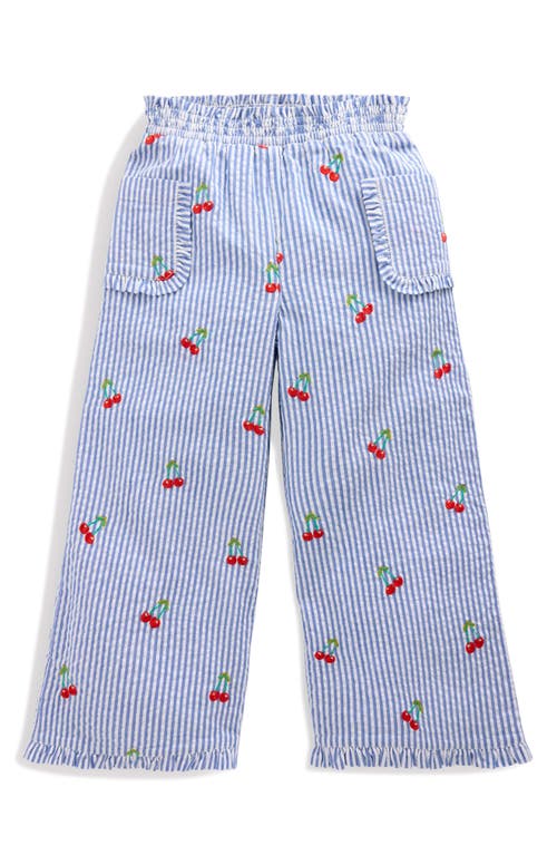 Shop Mini Boden Kids' Stripe Cherry Embroidered Wide Leg Cotton Pants In Blue Ticking Cherries