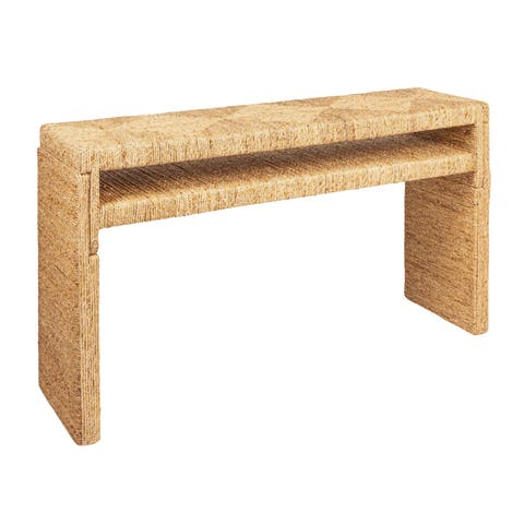 Long Acacia Wood and Water Hyacinth Console Table, Natural