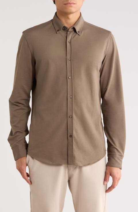 Long Sleeve Piqué Button-Down Shirt