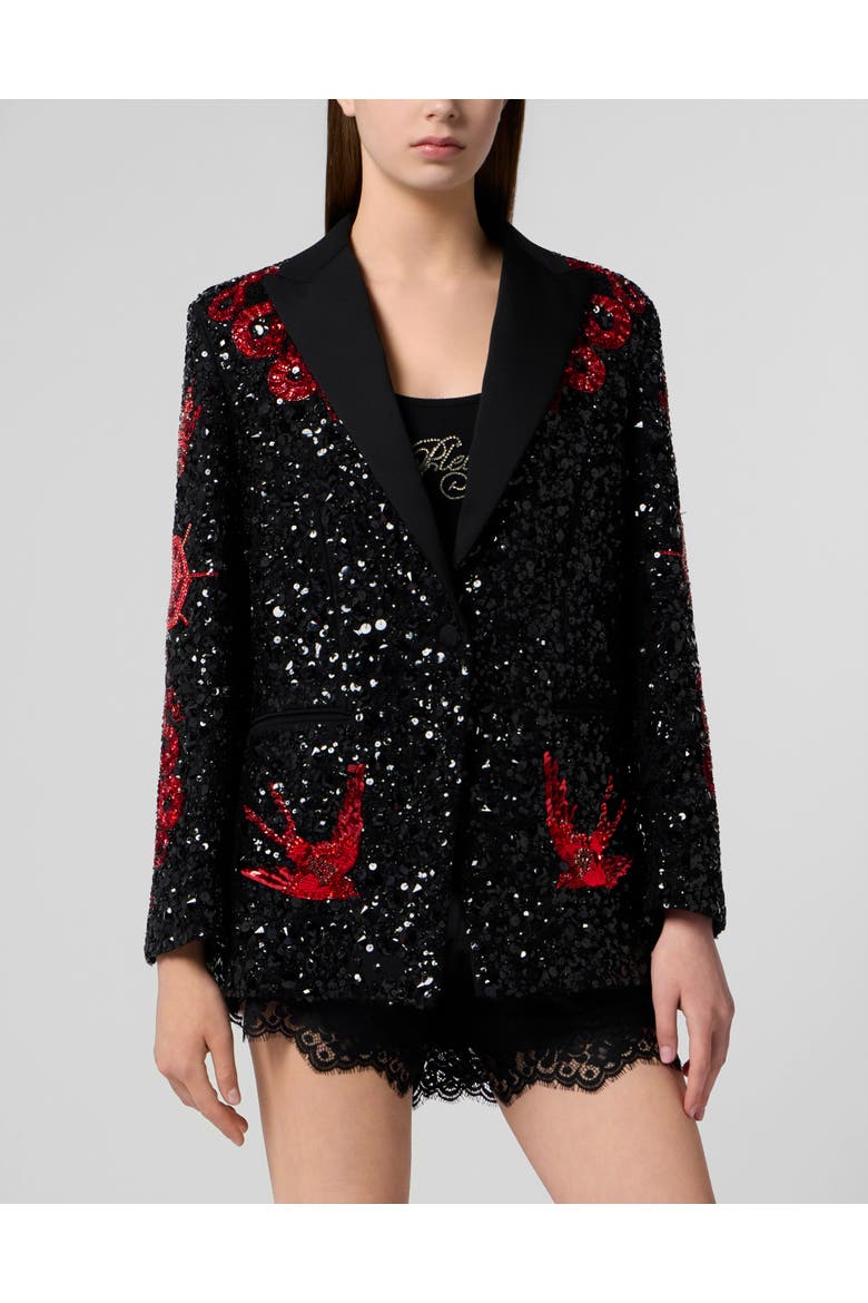 Boyfriend's Fit Blazer Butterfly Tattoo Paillettes Women, Main, color, black