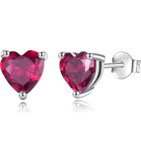 Solid Sterling Silver Created Gemstone Heart Stud Earrings
