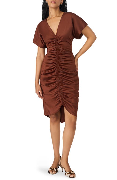Steve Madden Aimee Ruched Short Sleeve Dress In Brown