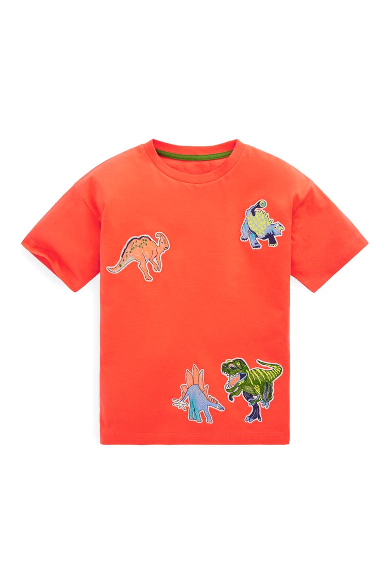 Kids' Dino Appliqué Long Sleeve Cotton Graphic T-Shirt, Main, color, HOT CORAL DINOS