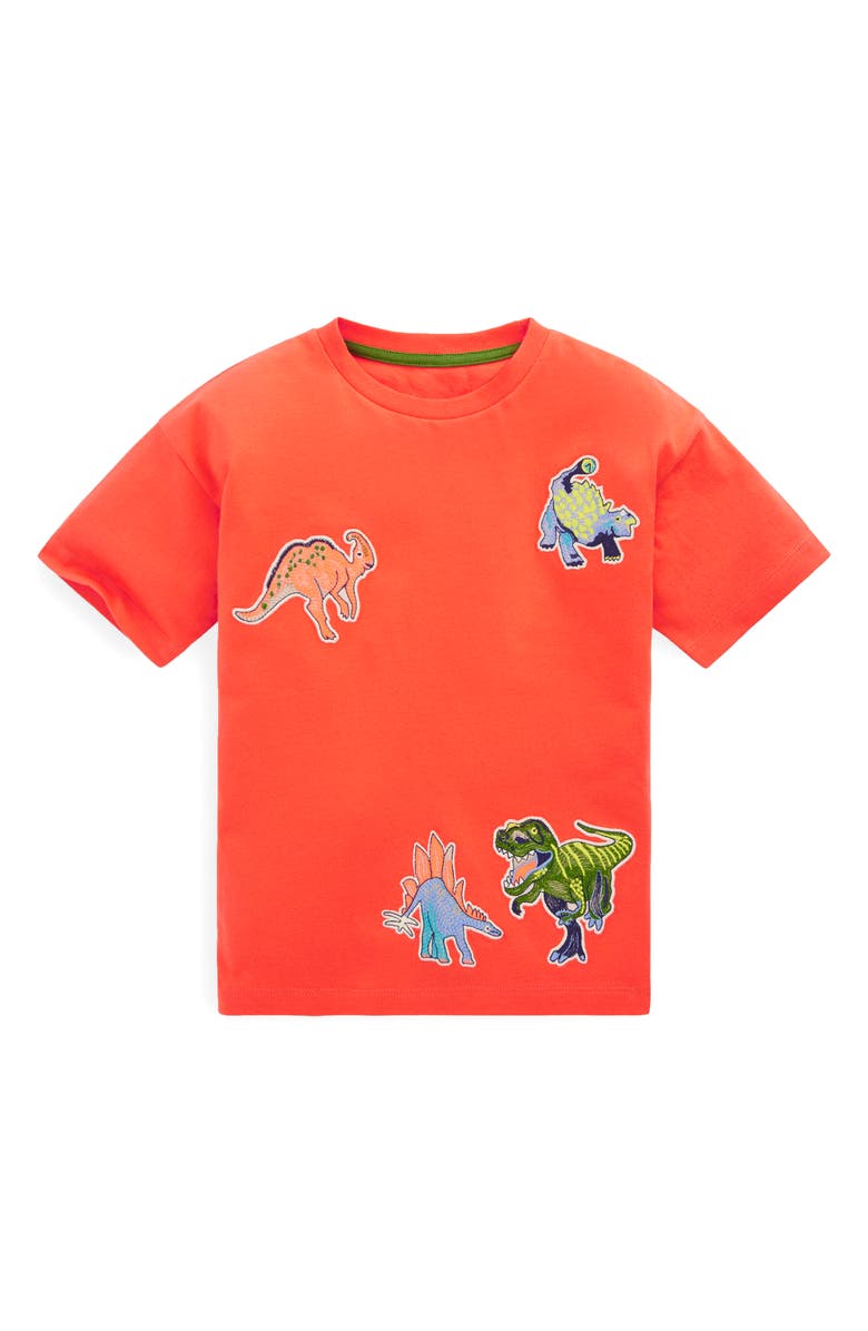 Mini Boden Kids' Dino Appliqué Long Sleeve Cotton Graphic T-Shirt, Main, color, Hot Coral Dinos
