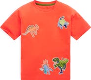 Mini Boden Kids' Dino Appliqué Long Sleeve Cotton Graphic T-Shirt