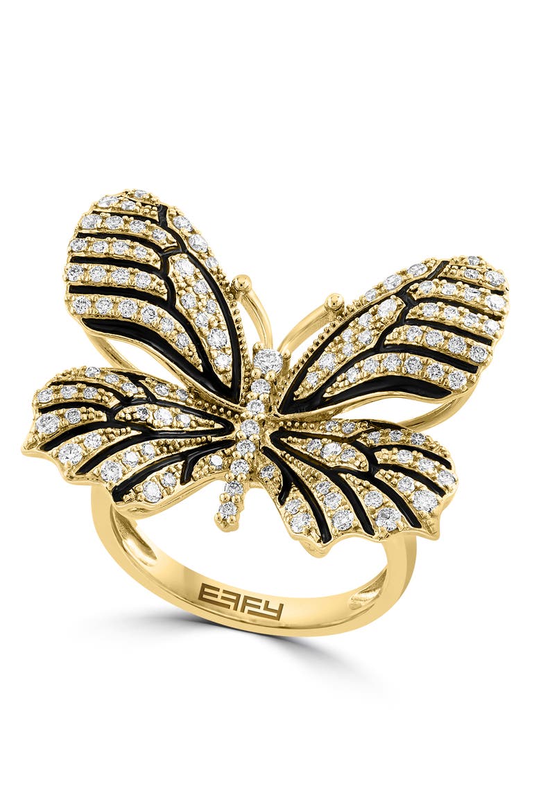Black & White Diamond Butterfly Ring in 14K Yellow Gold, Main, color, Hematite and FW Blush Pearl