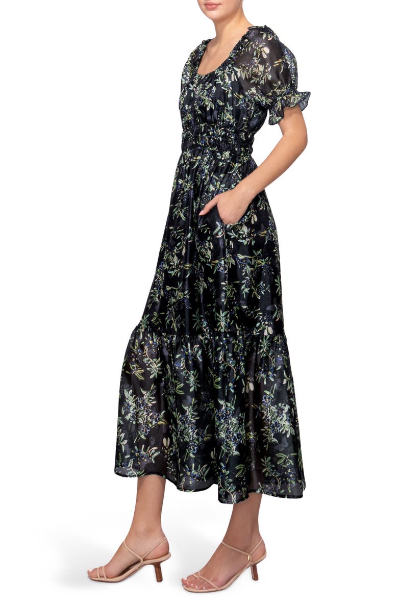 MELLODAY Shirred Puff Sleeve Maxi Dress, Alternate, color, Black Multi