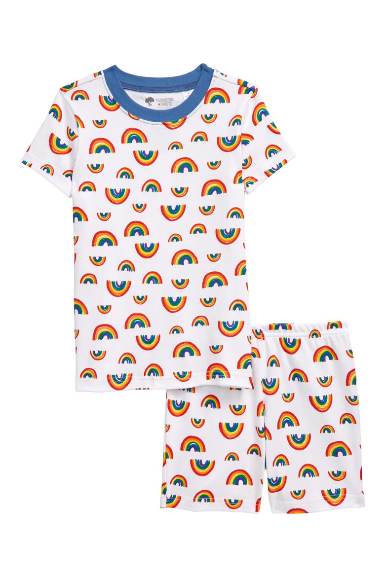 Kids' Fitted Two-Piece Short Pajamas, Main, color, WHITE RAINBOW FIELD