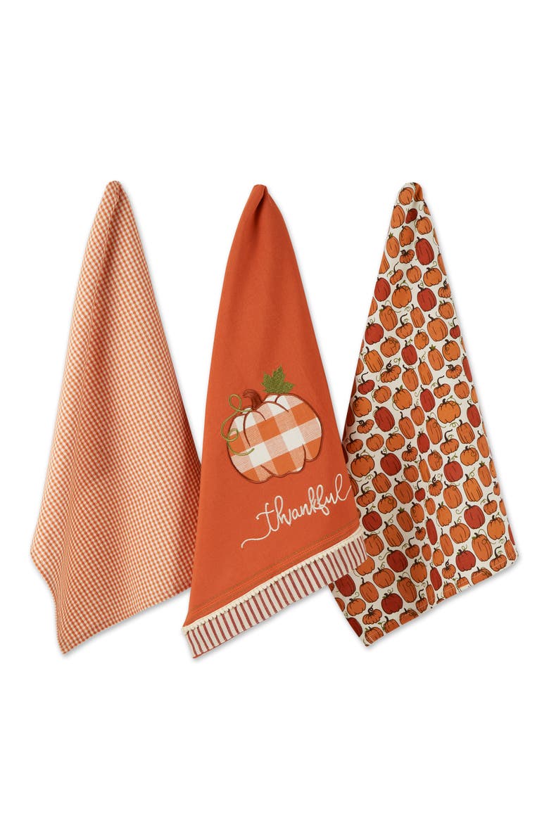 Thankful Check Pumpkin Assorted Dishtowel Set/3, Main, color, Check Pumpkin