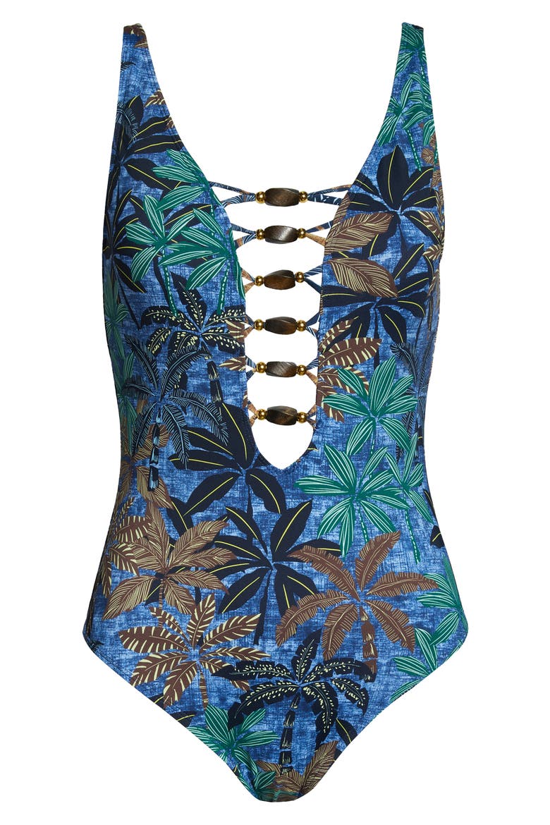 Plunge Neck One-Piece Swimsuit, Alternate, color, NAVY MULTI