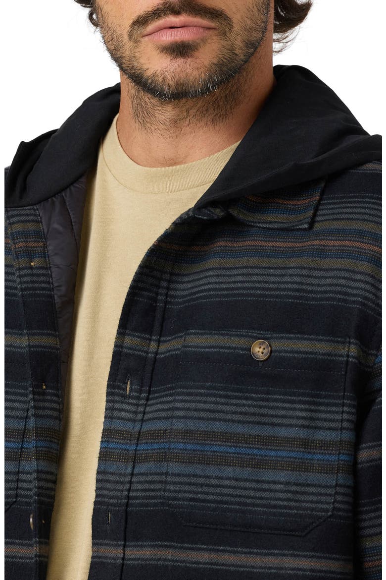 Stripe Hooded Cotton Flannel Shirt Jacket, Alternate, color, BLACK