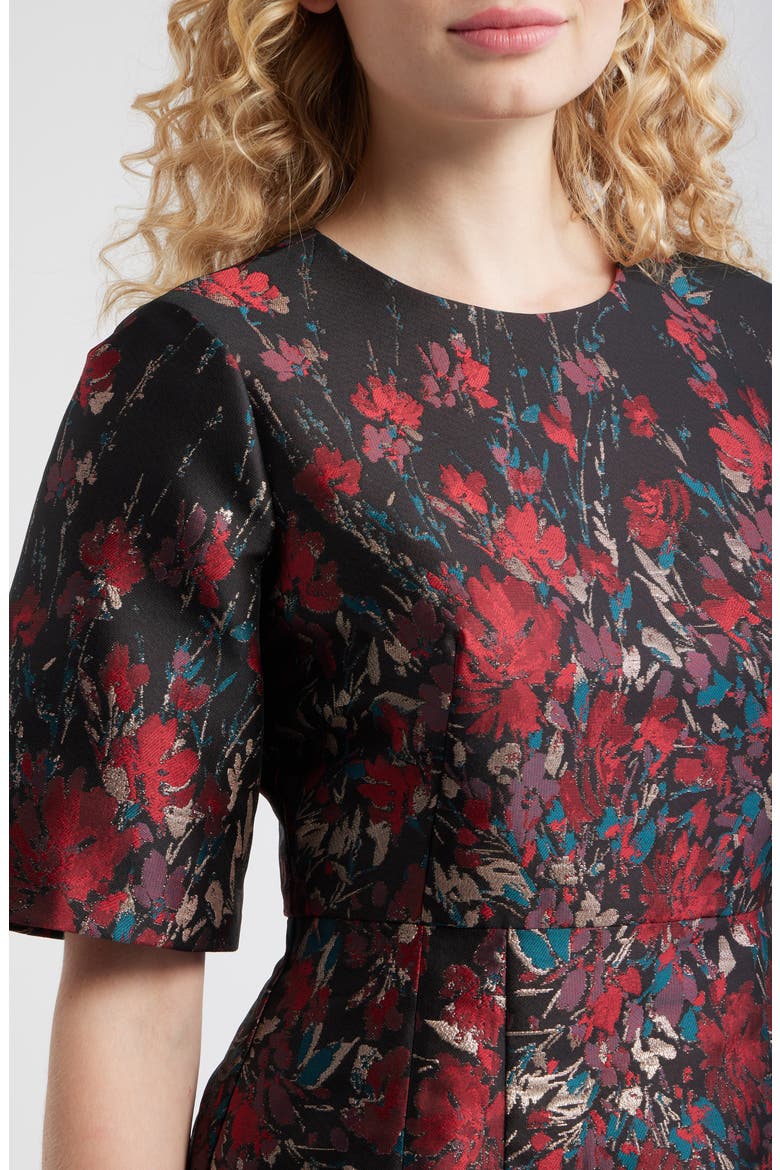 Metallic Floral Jacquard Elbow Sleeve Fit & Flare Dress, Alternate, color, RED