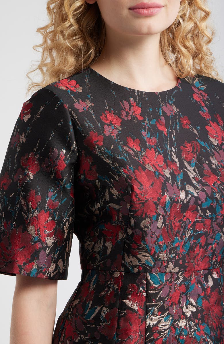 Vince Camuto Metallic Floral Jacquard Elbow Sleeve Fit & Flare Dress, Alternate, color, Red