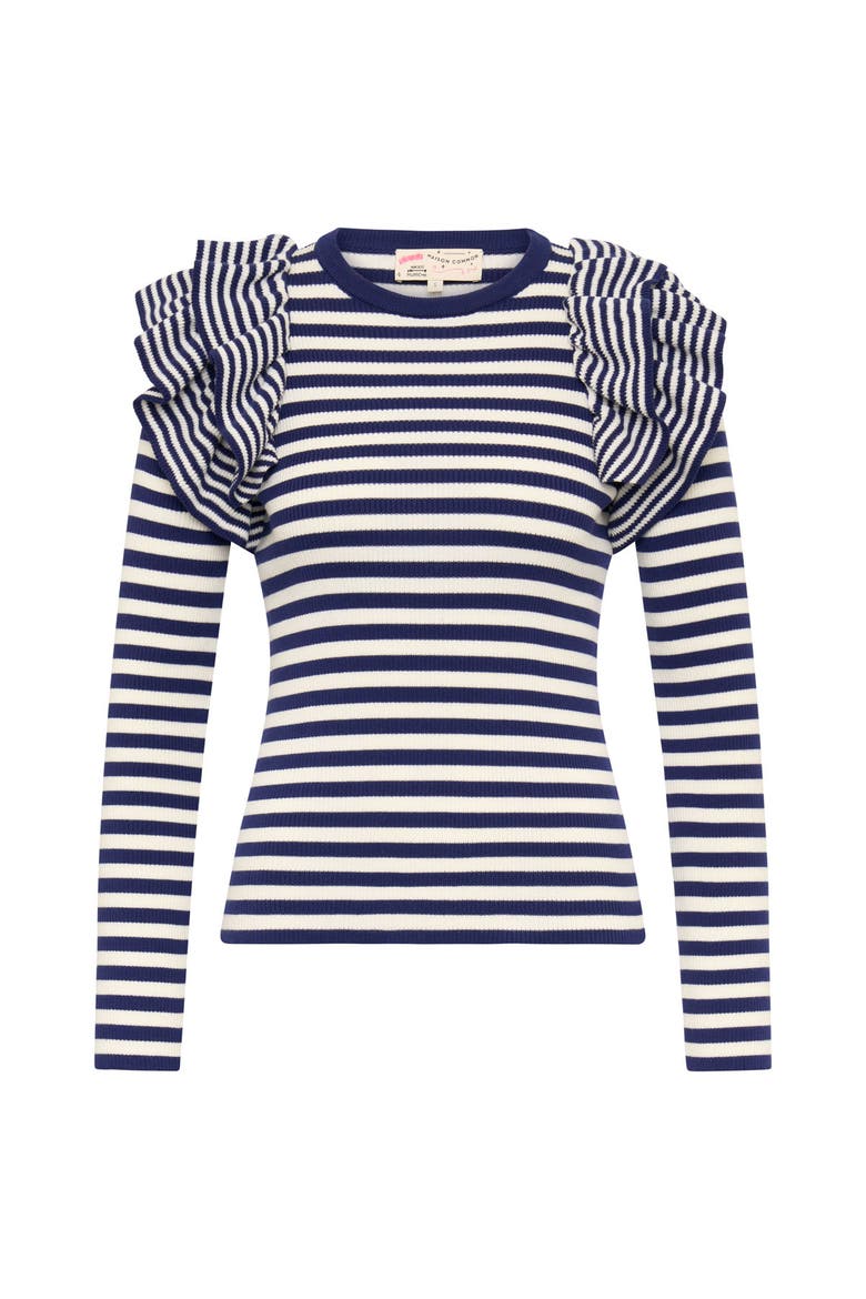 Striped Pullover With Knitted Ruffles, Main, color, Navy/White