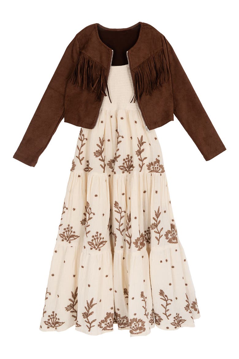 Kids' Embroidered Maxi Dress & Fringe Jacket Set, Main, color, BROWN