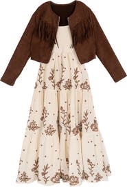 Rare Editions Kids' Embroidered Maxi Dress & Fringe Jacket Set