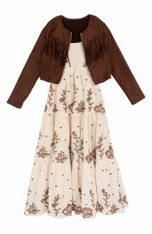 Kids' Embroidered Maxi Dress & Fringe Jacket Set
