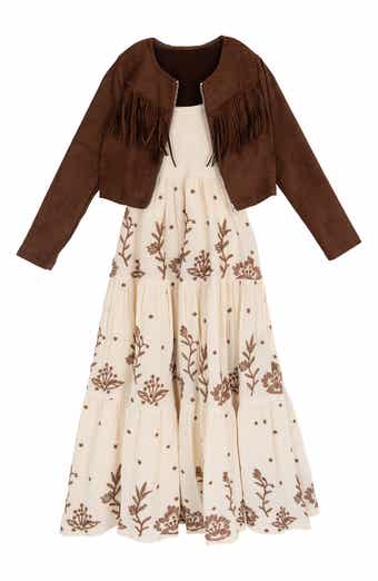 Kids' Embroidered Maxi Dress & Fringe Jacket Set