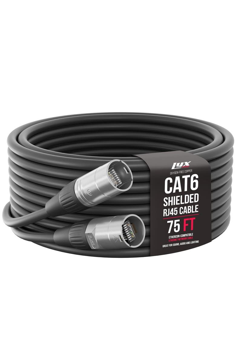 Lyxpro 75 Feet Shielded CAT6 Ethercon Cable, Male to Male, Pro Audio & Lighting RJ45 Cable, Main, color, Black