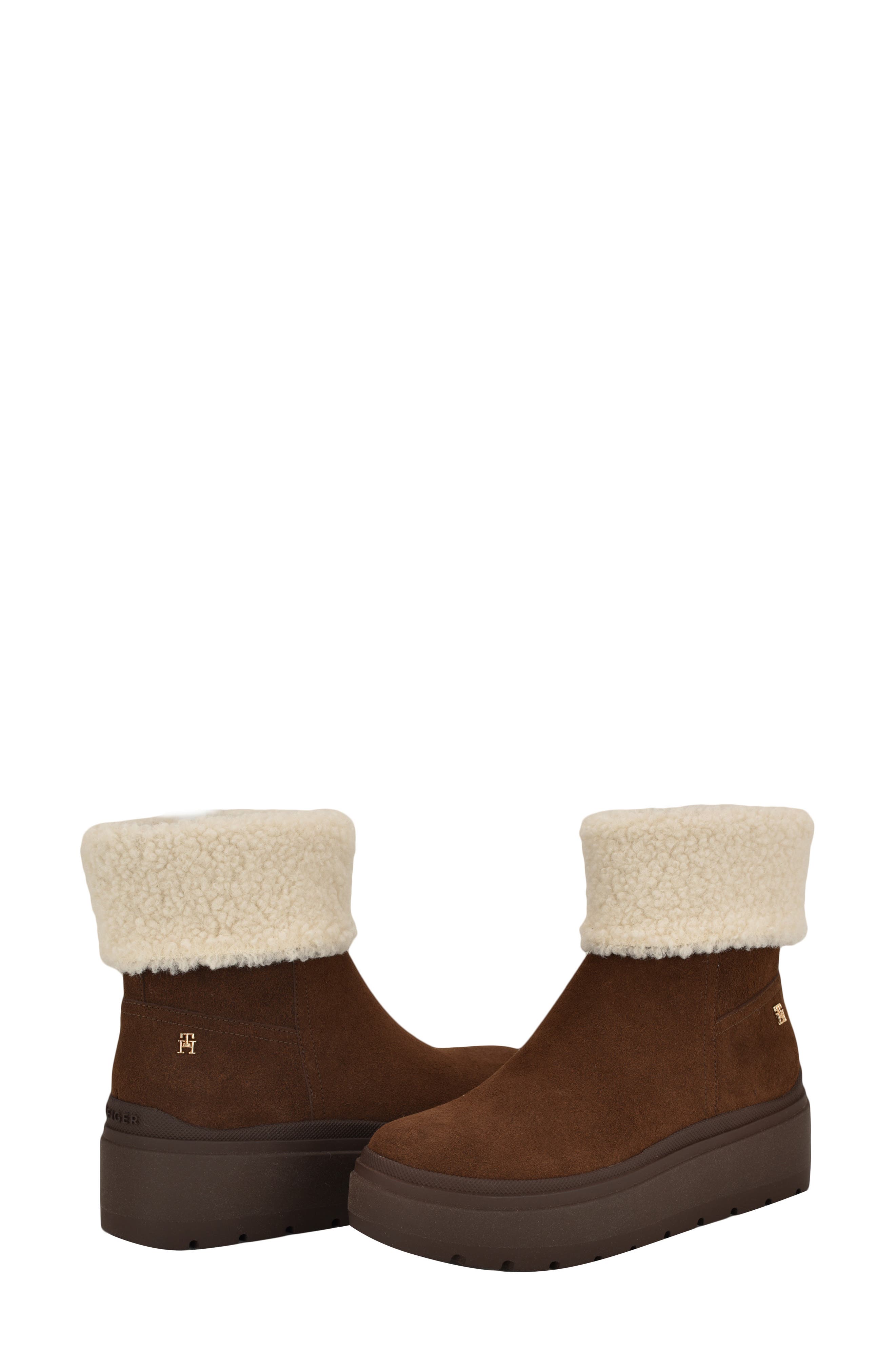 Tommy Hilfiger Peleiz Faux Shearling Cuff Platform Bootie, Alternate, color, Dark Brown Suede Shearling