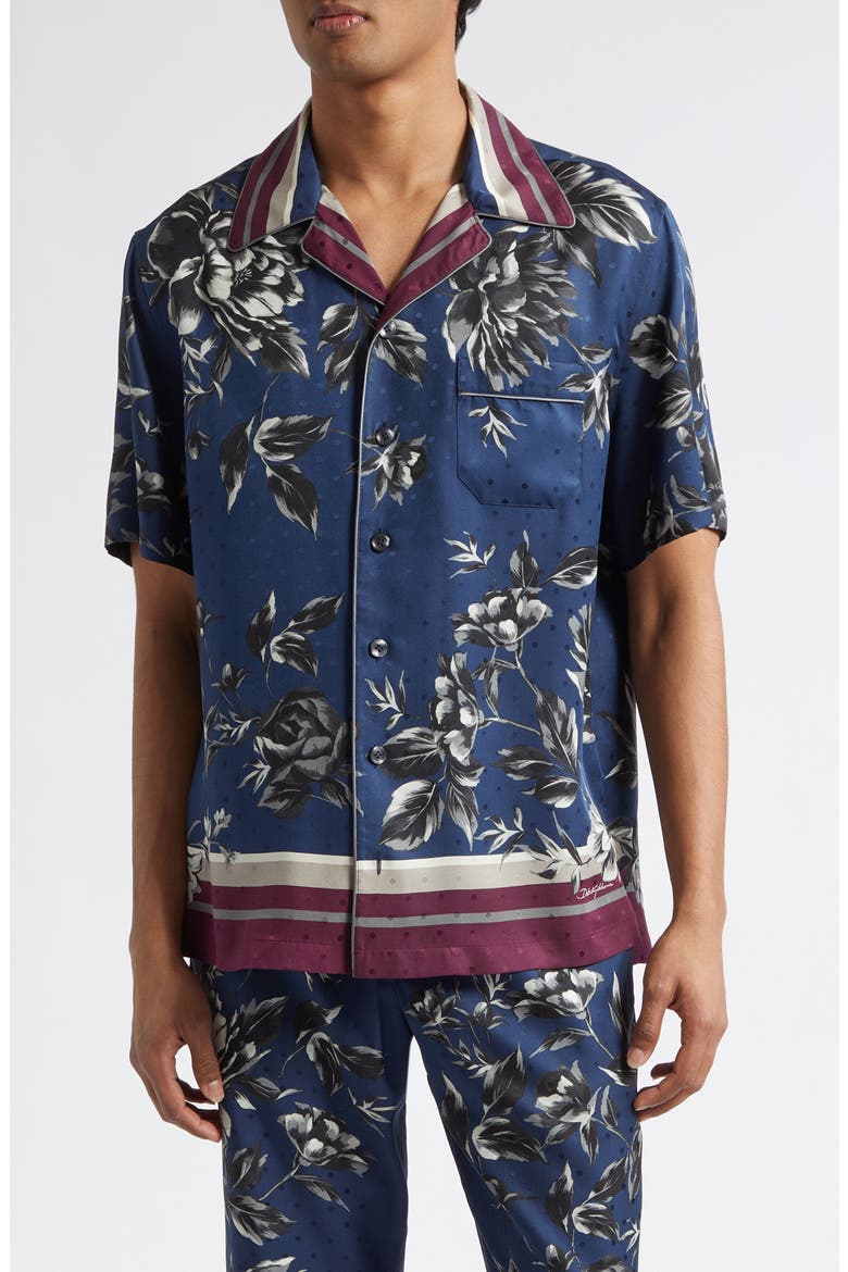 Peony Print Silk Twill Hawaii Shirt, Main, color, PEONIE F.BLUE