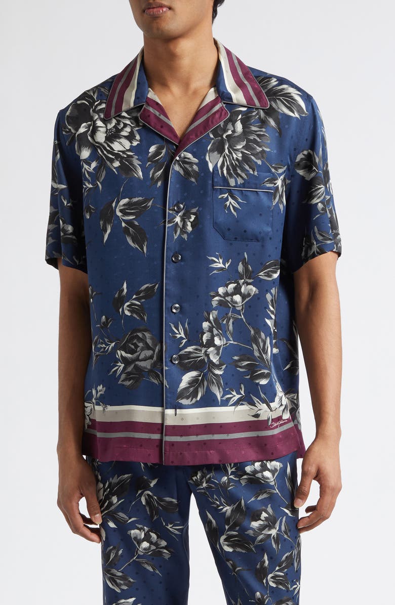 Dolce&Gabbana Peony Print Silk Twill Hawaii Shirt, Main, color, Peonie F.blue