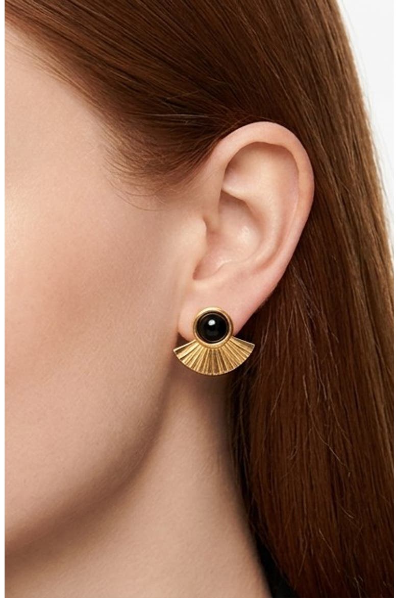 Noir Agate Halo Stud Earrings, Alternate, color, GOLD