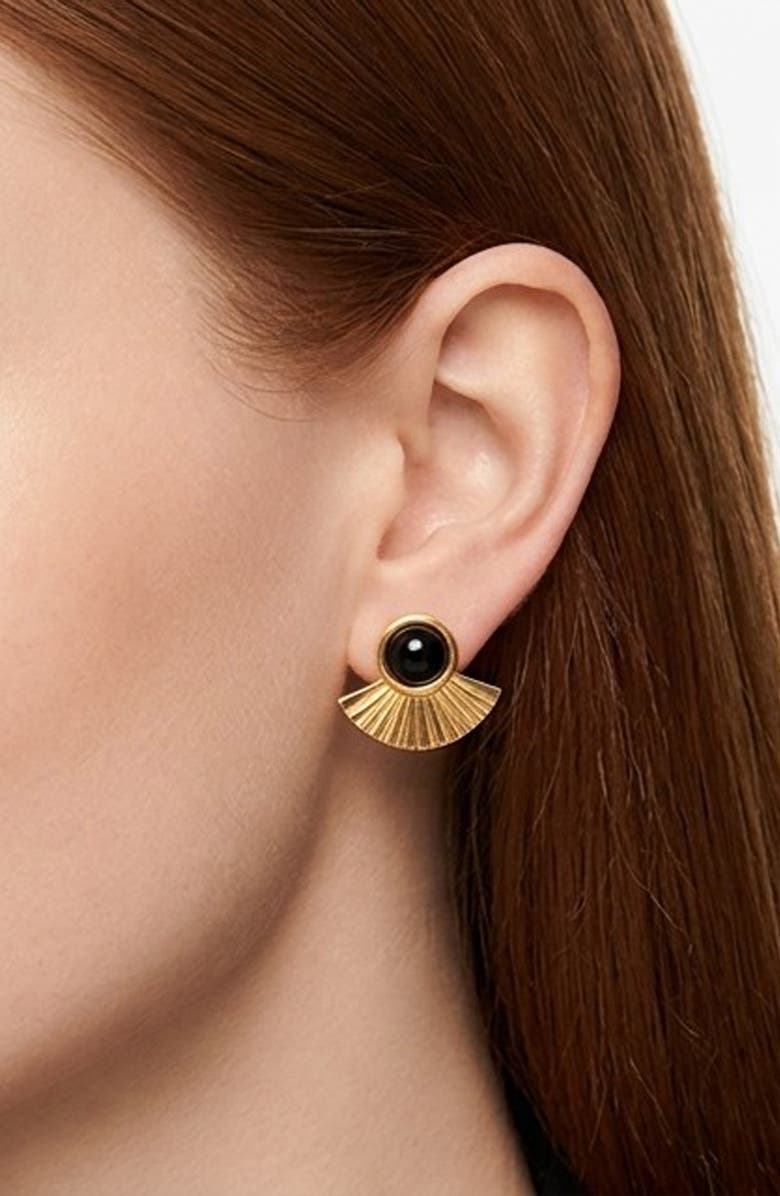 GABI RIELLE Noir Agate Halo Stud Earrings, Alternate, color, Gold