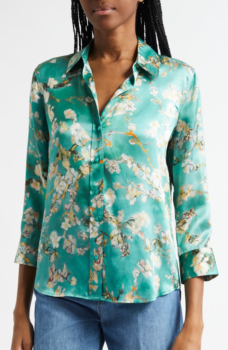L'AGENCE Dani Cherry Blossom Print Silk Button-Up Shirt, Alternate, color, Teal Watercolor Cherry Blossom