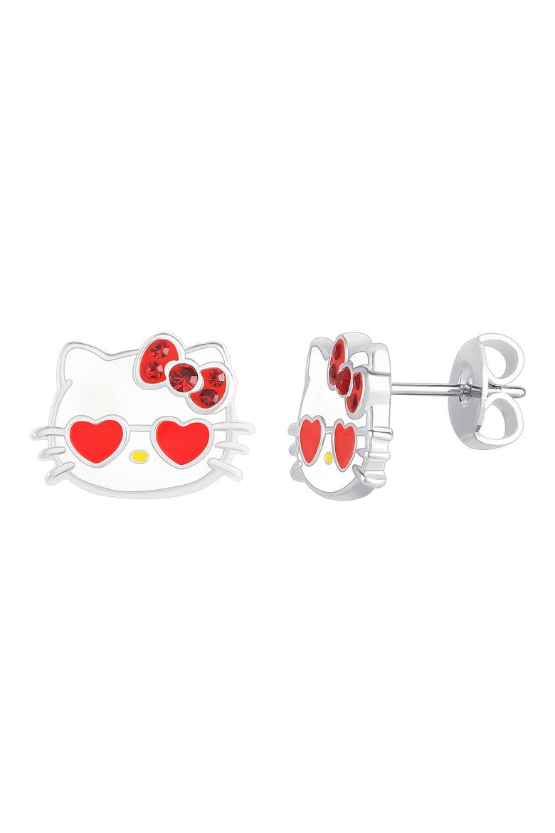 Hello Kitty® Cubic Zirconia & Enamel Pendant Necklace & Stud Earrings Set, Alternate, color, RED AND SILVER