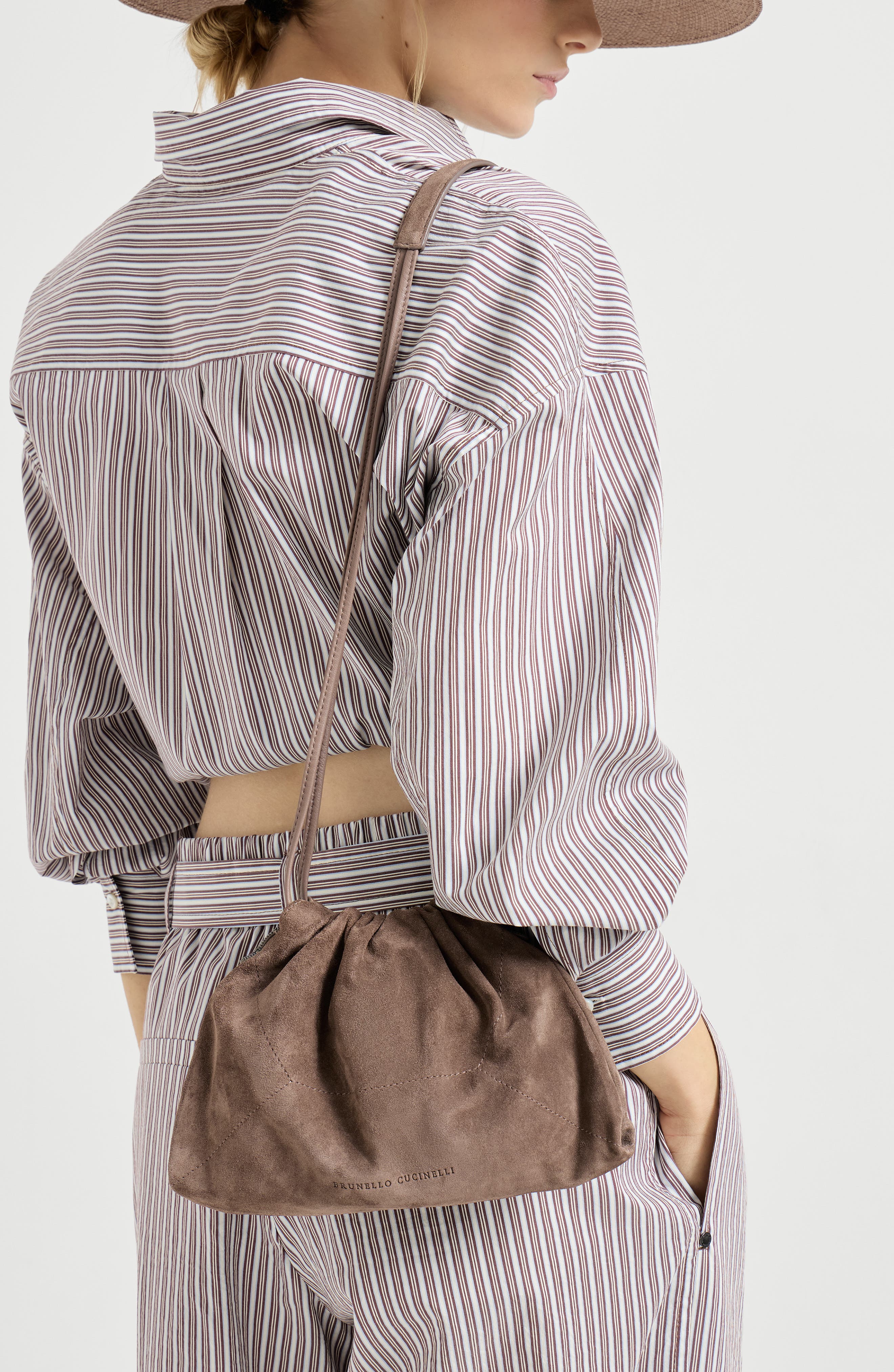 Brunello Cucinelli Suede BC Duo pouch bag, Alternate, color, Brown