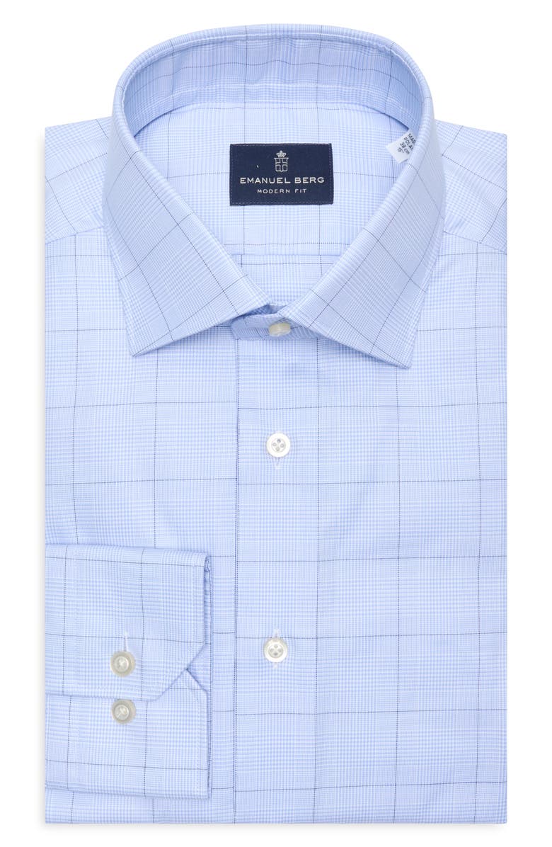 Emanuel Berg Traveller Plaid Modern Fit Dress Shirt, Main, color, Bright Blue