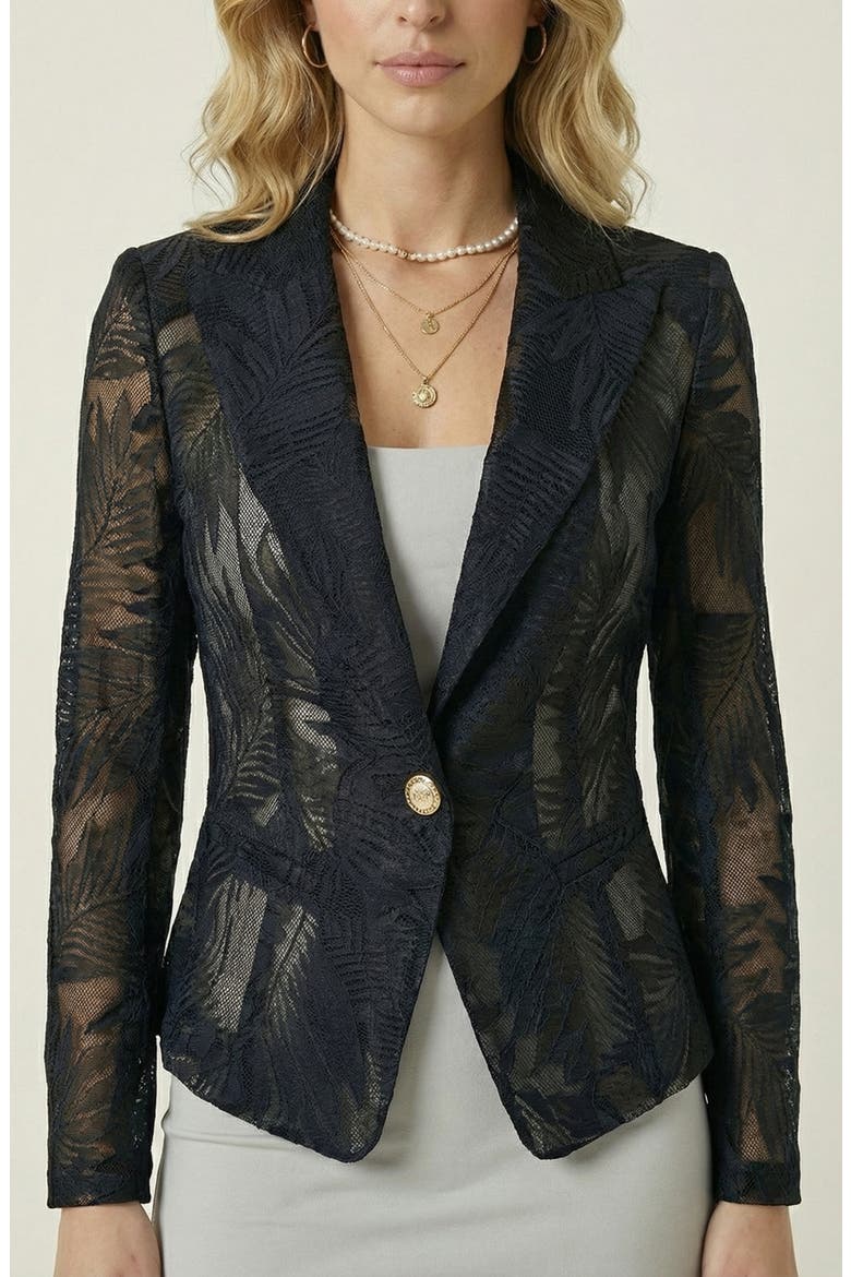 Sheer Lace Sleeved Tailored Blazer, Alternate, color, Black