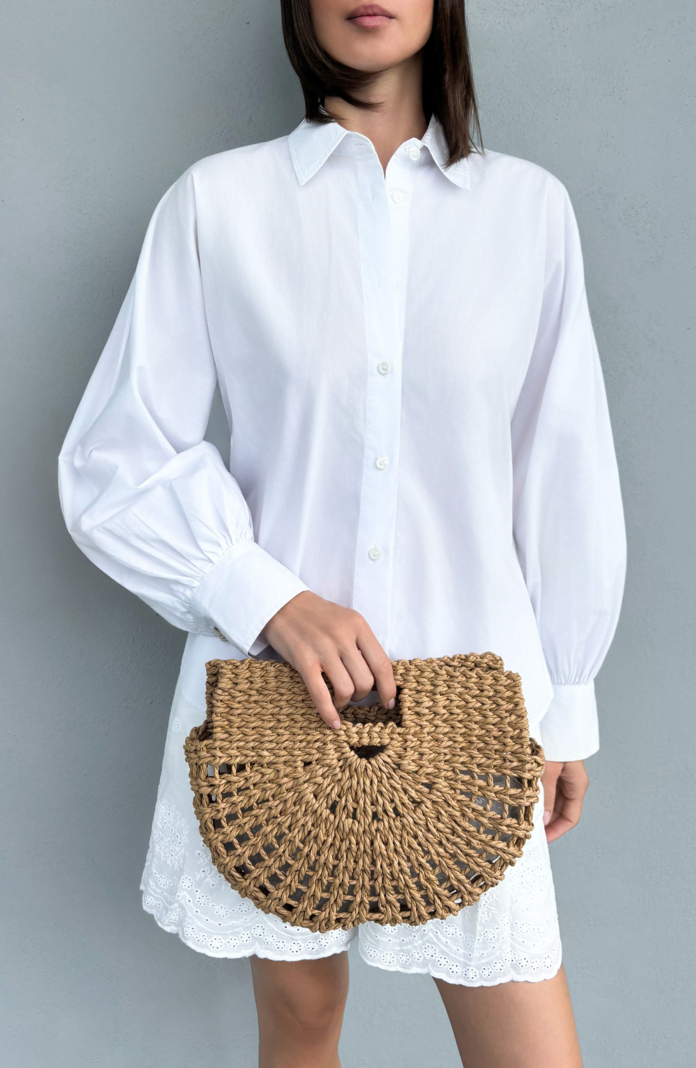 Adornia Straw Arc Clutch, Alternate, color, Brown
