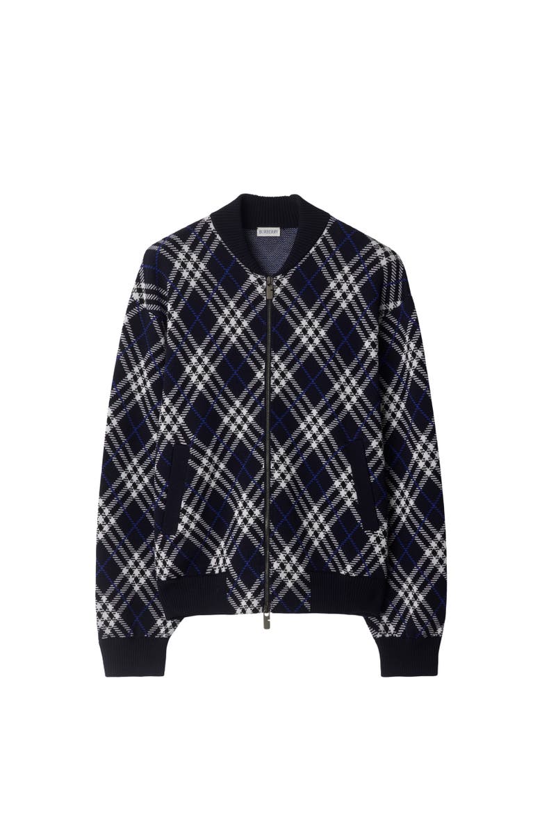 Burberry Check Wool Blend Bomber Jacket, Alternate, color, Ink Blue